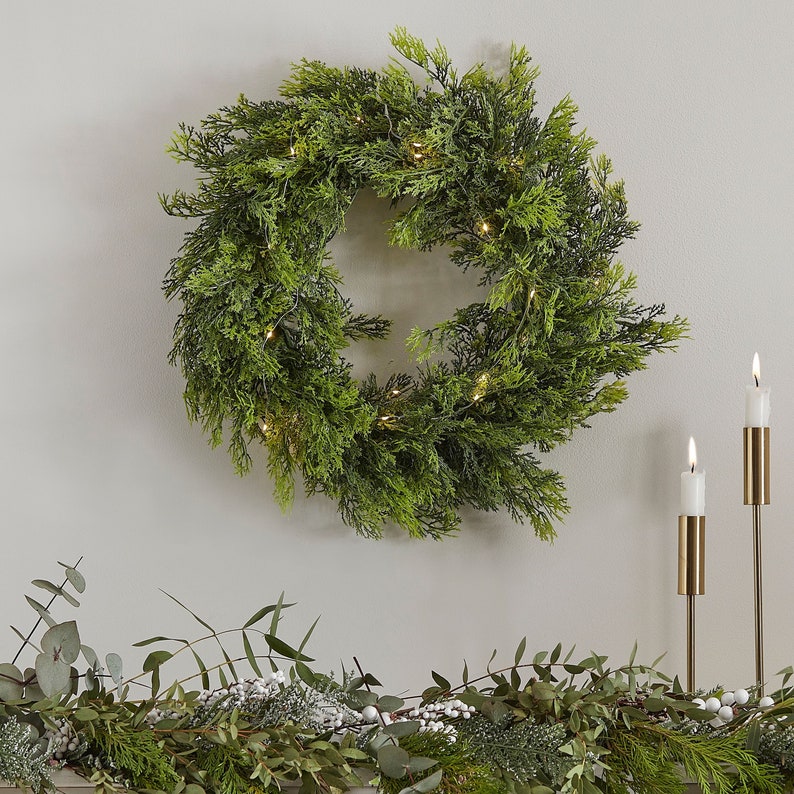 Cedar Pine Foliage Christmas Wreath With Lights, Christmas Wreath, Mantelpiece and Fireplace Decoration, Christmas Decor, Rustic Christmas image 1