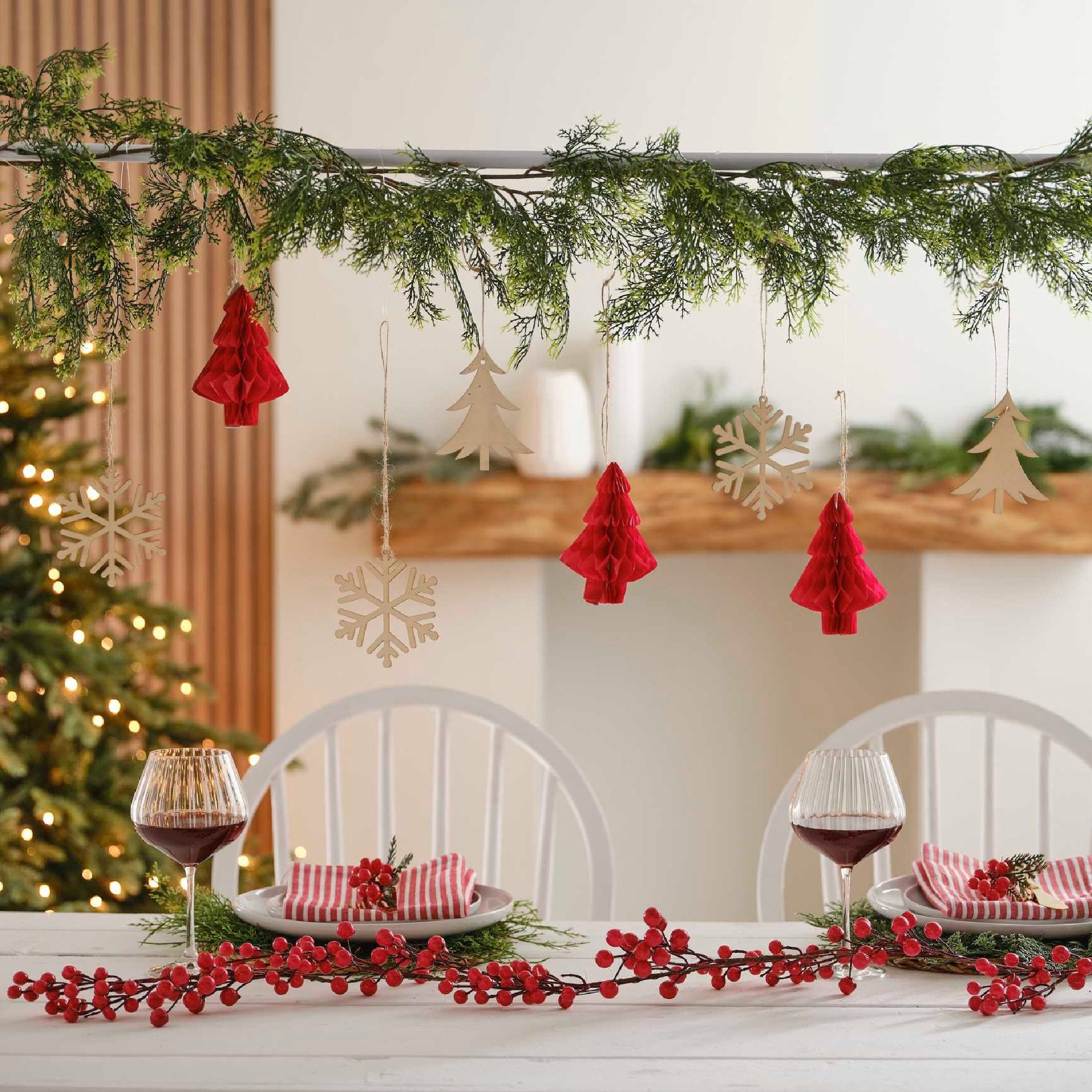 White Wooden Snowflake & Honeycomb Tree Christmas Hanging Decorations,  Snowflakes Decortation, Christmas Tree Decor, Christmas Party, Rustic 