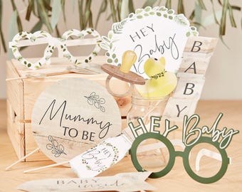 Botaniczne rekwizyty do fotobudki na baby shower, dekoracje imprezowe neutralne płciowo
