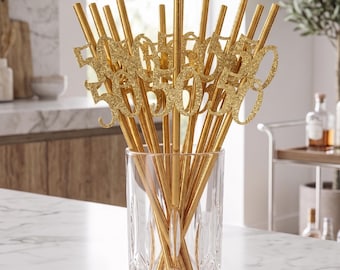 Gold Glitter Age Number Straws, Birthday Party Decor, Set of 10