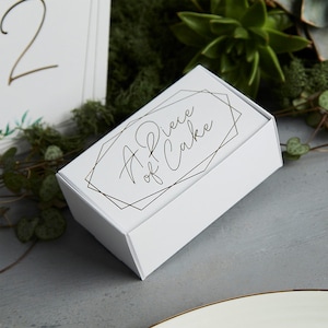 10 Gold A Piece of Cake Boxes, Gold Wedding Cake Box, Wedding Favour Box, Cake Boxes, White Cake Boxes, Favour Boxes, Gold Wedding Decor
