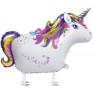 May include: A white unicorn balloon with a rainbow mane and tail. The balloon has a silver horn and is standing on two springy legs.