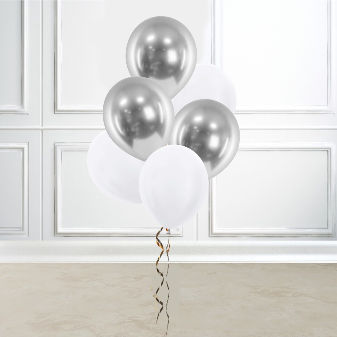 6 Chrome Silver and White Latex Balloons 12 Inch, Reflex Latex Balloons ...