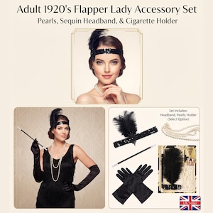 Op de afbeelding: Accessoireset in jaren 20-stijl met een zwarte pailletten hoofdband met veer, een lange streng witte parels, een zwart-witte sigarettenhouder en zwarte satijnen handschoenen tot aan de elleboog voor een complete kostuumlook.