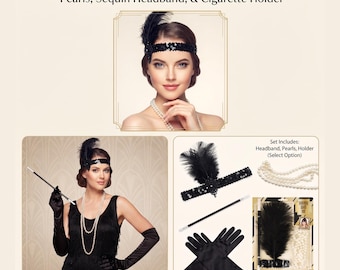 Accessoireset in flapperstijl uit de jaren 1920: zwarte hoofdband met veren, parels en handschoenen.