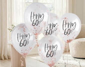 Happy 60th Birthday Balloons - 5 Rose Gold Confetti Balloons