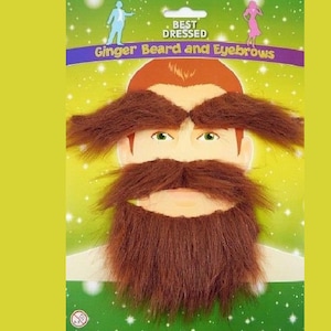 Peut inclure: Un ensemble de déguisement avec une barbe et des sourcils roux. L'emballage, avec les mots "BEST DRESSED" et "Ginger Beard and Eyebrows", présente une illustration de dessin animé sur un fond vert clair avec des étoiles blanches.