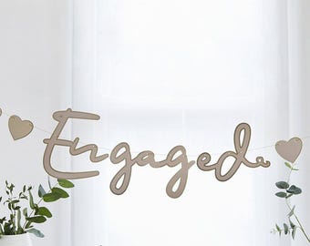 Elegant Engaged Banner with Heart Garland – Engagement Party Decoration, Bridal Shower Decor