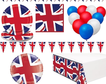 May include: Union Jack themed party supplies including a table cover, paper plates, napkins, balloons, and bunting. The table cover, plates, and napkins feature a red, white, and blue Union Jack design. The balloons are red, white, and blue. The bunting is red, white, and blue with a Union Jack design.