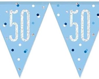 Glitz Blue and Silver 50th Birthday Bunting Banner, Birthday Bunting, 50th Birthday Party Banner, Fiftieth Birthday Bunting, Birthday Decor