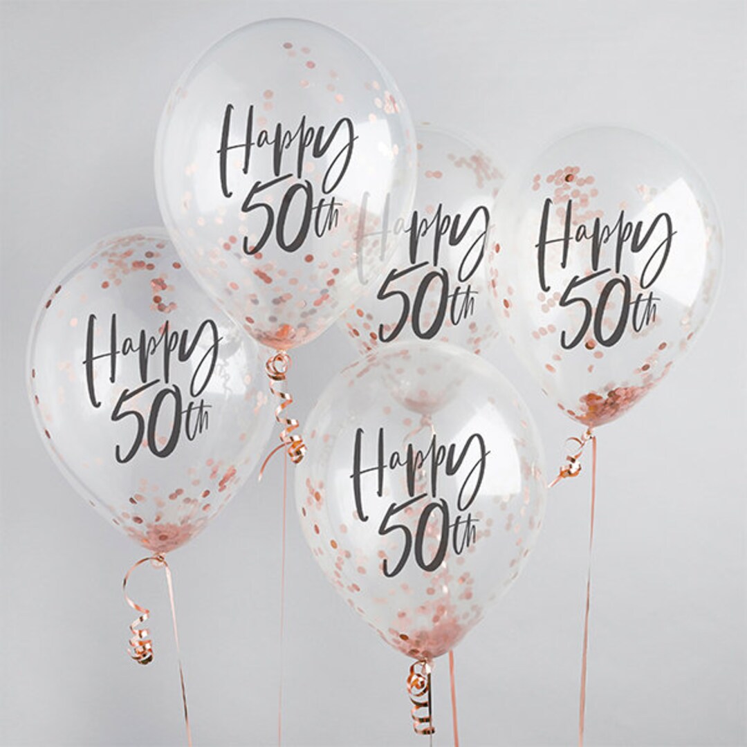 5 Rose Gold 50th Birthday Confetti Balloons, 50th Birthday Balloons ...