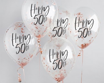 5 Rose Gold 50th Birthday Confetti Balloons, 50th Birthday Balloons, Confetti Balloons, Birthday Party Balloons, Fiftieth Birthday Party