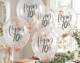 Elegant Rose Gold 70th Birthday Confetti Balloons, Party Decoration (Set of 5)