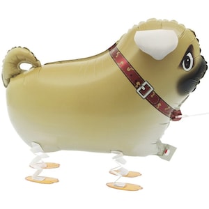 May include: A tan balloon shaped like a pug dog with a red and white collar. The balloon has white legs and feet.