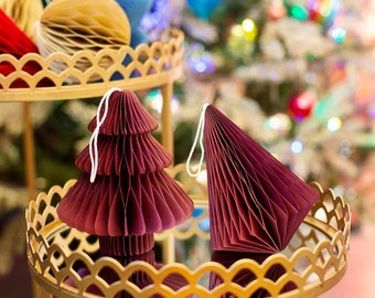 Deep Red Tree and Diamond Paper Honeycomb Hanging Decorations, Christmas Tree Ornaments, Xmas Decor, Christmas Eve, Festive, Holiday Decor