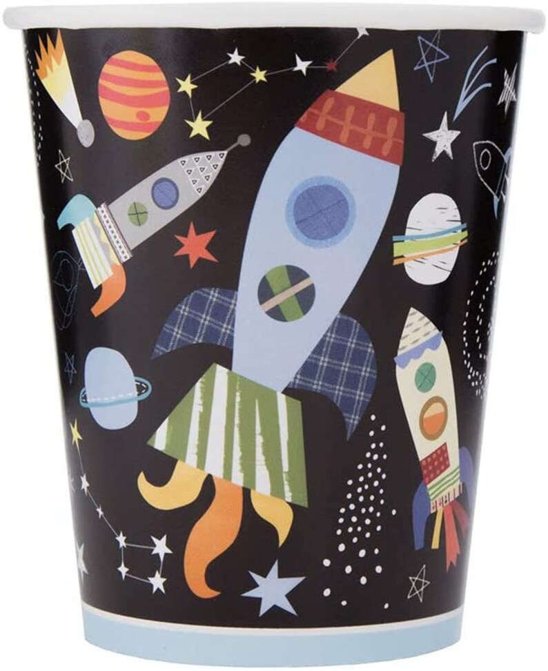 May include: Black paper cups with a space theme. The cups feature rockets, planets, and stars.