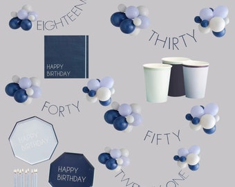 Guirlande d'anniversaire et ballons Milestone bleu marine, décorations des 18, 21, 30, 40 et 50 ans, bannière de fête d'anniversaire, bougies, tasses