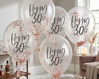 Happy 30th Birthday Balloons - 5 Pack Rose Gold Confetti Balloons