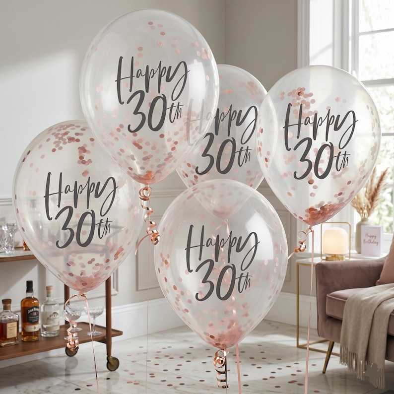 Puede incluir: Cinco globos transparentes llenos de confeti oro rosa, cada uno con la inscripci&oacute;n "Happy 30th" en negro. Los globos est&aacute;n atados con cintas oro rosa, ideales para una fiesta de 30 cumplea&ntilde;os. Decoraci&oacute;n festiva.