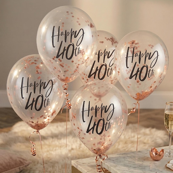 Sophisticated 40th birthday confetti balloons for a milestone birthday party, Set of 5