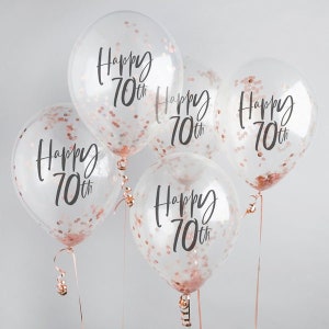 5 palloncini con coriandoli color oro rosa per il 70° compleanno, palloncini per il 70° compleanno, palloncini con coriandoli, palloncini per feste di compleanno, festa per il settantesimo compleanno
