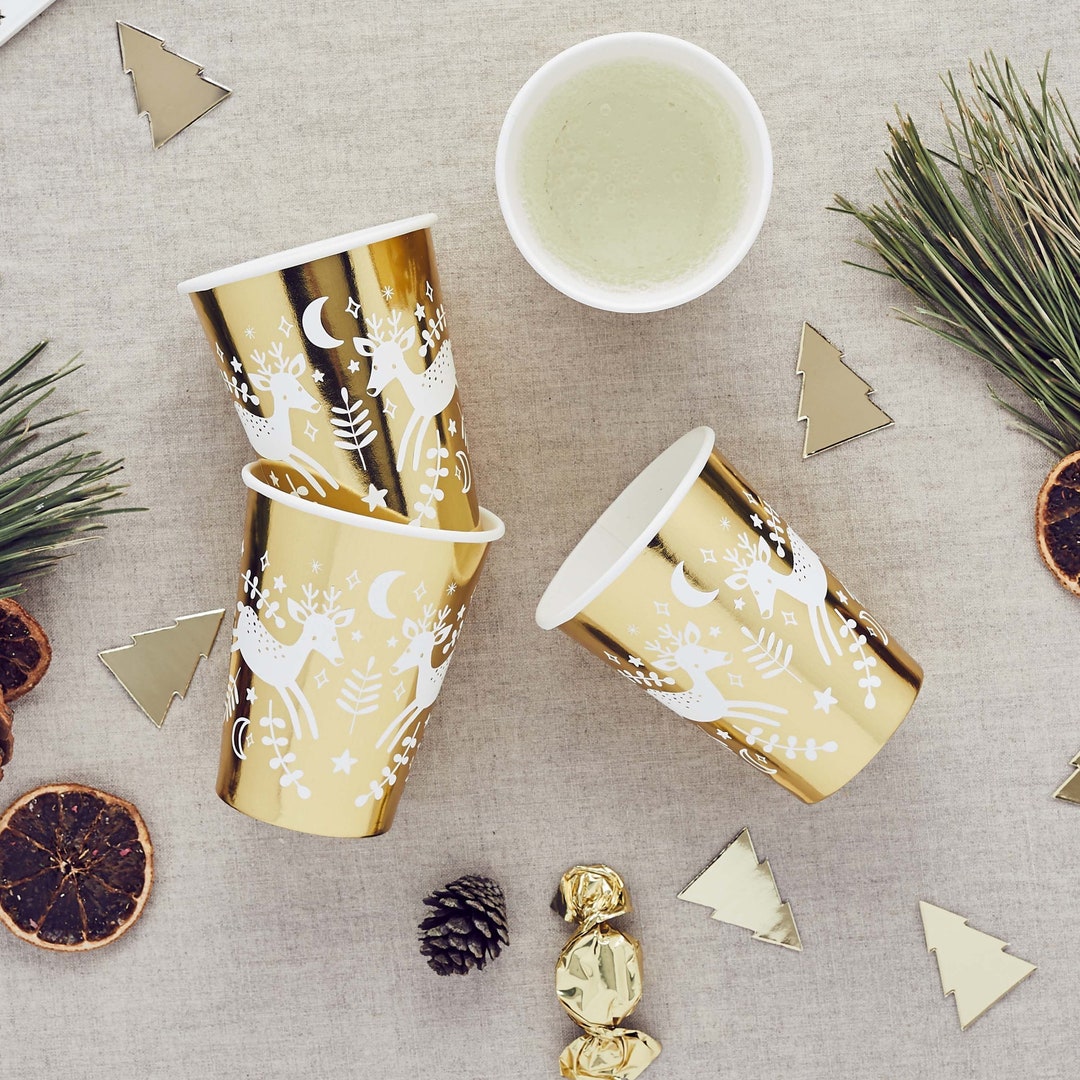 Christmas Reindeer Gold Foil Paper Cups Christmas Party Cups Xmas Table ...