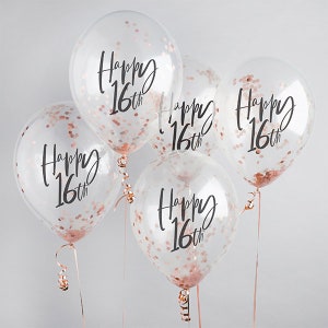 5 Rose Gold 16th Birthday Confetti Balloons, 16th Birthday Balloons, Confetti Balloons, Birthday Party Balloons, Sixteenth Birthday Party