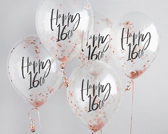 5 Rose Gold 16th Birthday Confetti Balloons, 16th Birthday Balloons, Confetti Balloons, Birthday Party Balloons, Sixteenth Birthday Party