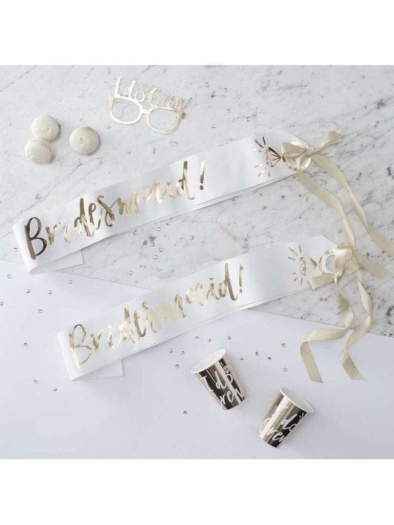 2 White and Gold Foiled Bridesmaids Sashes Bridesmaid Sash