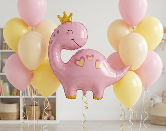 Roze prinsesdinosaurus ballonboeketset met grote kroon brontosaurusdecor