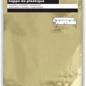 May include: A gold plastic table cover in a clear plastic package. The package has the text "unique" and "plastic tablecover nappe de plastique" in black. The text "reusable washable waterproof r&eacute;utilisable lavable imperm&eacute;able" is also in black. The package also has the dimensions "54 in. X 108 in. 1.37m X 2.74m".