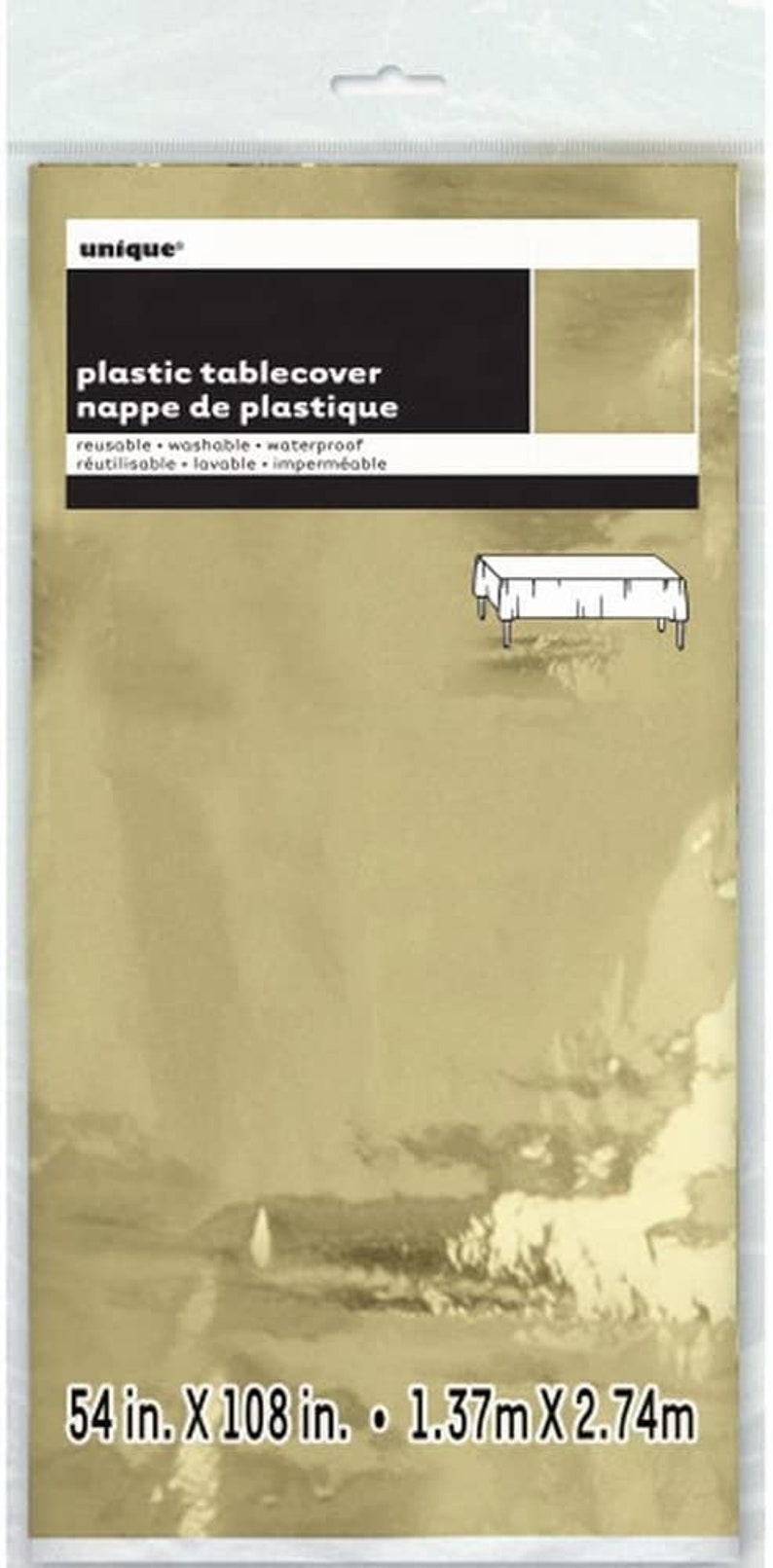 May include: A gold plastic table cover in a clear plastic package. The package has the text "unique" and "plastic tablecover nappe de plastique" in black. The text "reusable washable waterproof r&eacute;utilisable lavable imperm&eacute;able" is also in black. The package also has the dimensions "54 in. X 108 in. 1.37m X 2.74m".