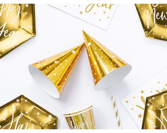 6 gouden witte sterren bedrukte feestmutsen, oudejaarsfeestmutsen, gouden feestartikelen, verjaardagsfeestje hoeden, gouden oudejaarsavond, feestartikelen
