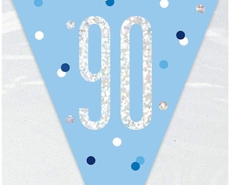 Glitz Blue and Silver 90th Birthday Bunting Banner, Birthday Bunting, 90th Birthday Party Banner,Ninetieth Birthday Bunting, Birthday Decor