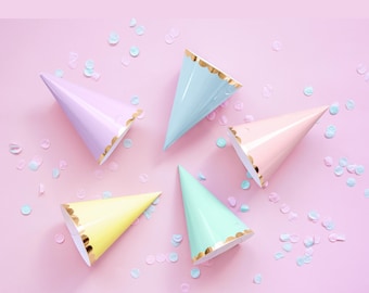 Pastel Rainbow Paper Party Hats with Gold Trim, Set of 6