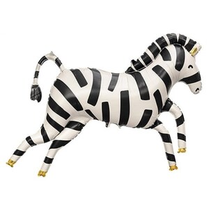 K&ouml;nnte beinhalten: Schwarz-wei&szlig;es Zebra-Ballontier. Der Ballon ist aufgeblasen und hat ein gestreiftes Muster. Das Zebra rennt.