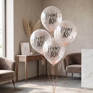 80th Birthday Rose Gold Confetti Balloons | Set of 5 Elegant Milestone Decorations