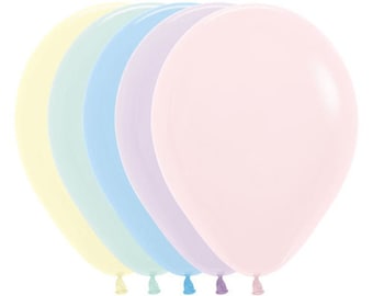 May include: Five pastel colored latex balloons in shades of yellow, green, blue, purple, and pink.