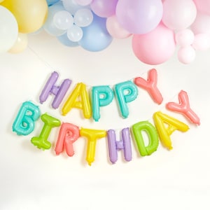 Happy Birthday Balloon Bunting, Pastel Rainbow Happy Birthday Bunting, Pastel Party Garland, Rainbow Party Backdrop, Girls Birthday Party