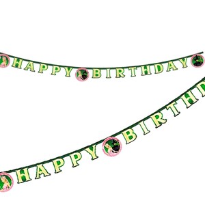 Może przedstawiać: Dwa zielono-żółte banery "Happy Birthday". Tekst jest w kolorze jasnożółtym z zielonym obrysem. Banery mają okrągłe dekoracje z różową obwódką i obrazkiem w środku.