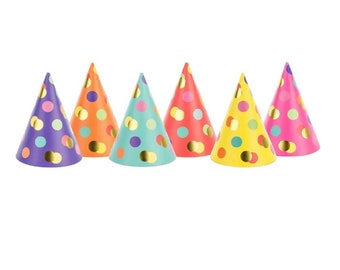 Polka Dot Party Hats: Rainbow Birthday Decor (6ct)
