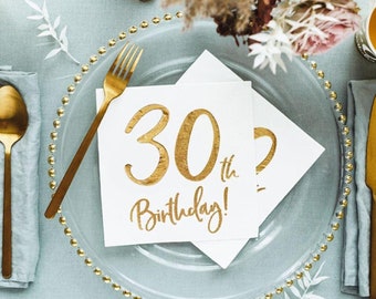 Servilletas para fiesta de 30 cumpleaños, vajilla con detalles dorados (20 unidades)