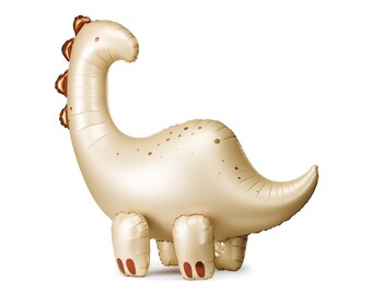 Pode incluir: Um grande balão de dinossauro dourado com detalhes marrons. O balão está inflado e tem um acabamento brilhante.