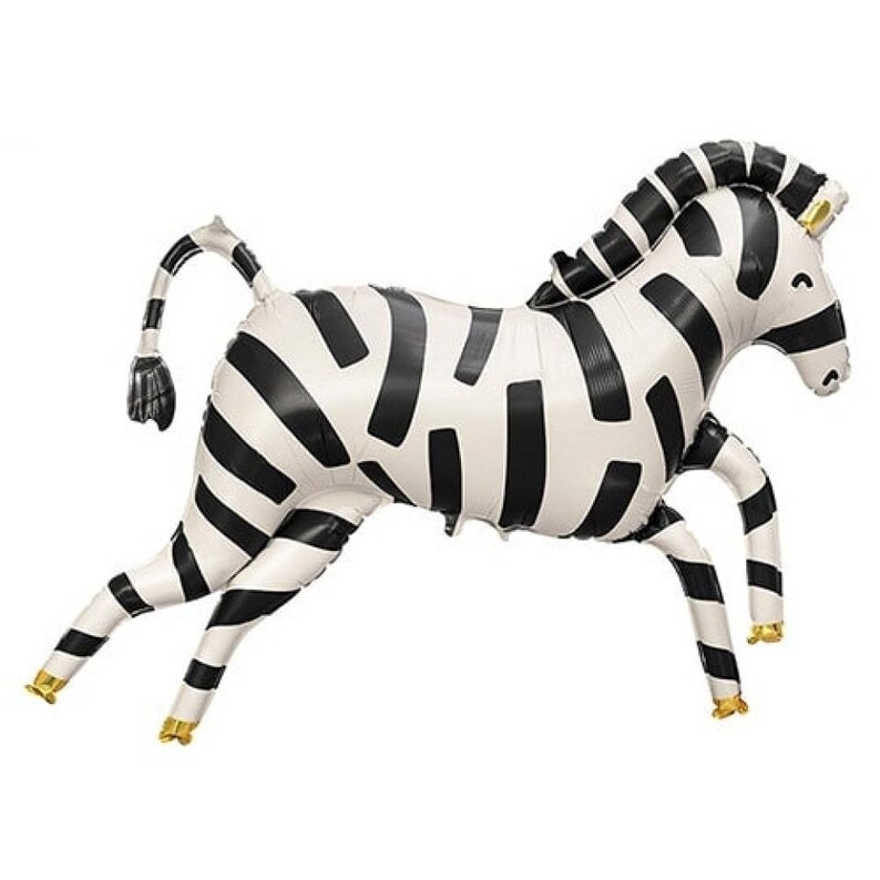 K&ouml;nnte beinhalten: Schwarz-wei&szlig;es Zebra-Ballontier. Der Ballon ist aufgeblasen und hat ein gestreiftes Muster. Das Zebra rennt.
