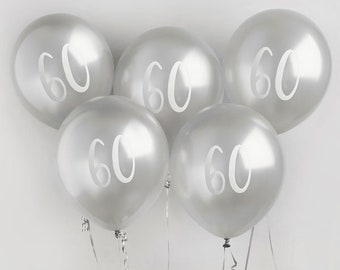 5 Silver Number 60 Balloons , Sixtieth Birthday Balloons, 5x 60th Birthday Party Balloons, Birthday Party Decorations, Silver Birthday Decor