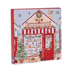 May include: An advent calendar with a gingerbread bakery theme. The box shows a red and white shop front with a Christmas tree, gingerbread men, and the text "The Gingerbread Bakery." Numbers 1-24 are displayed.