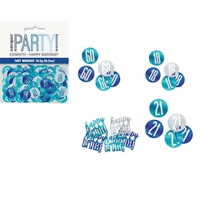 May include: Blue and silver confetti with numbers 18, 21, 60 and the words "Happy Birthday".