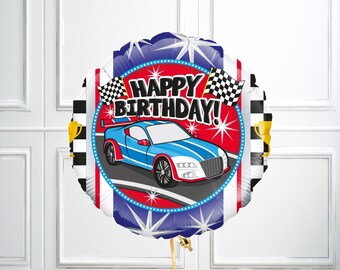Palloncino di carta stagnola a tema auto sportiva "Buon compleanno": decorazioni per feste a tema auto da corsa.
