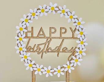 Alles Gute zum Geburtstag-Kuchenaufsatz aus Holz mit Gänseblümchen, florale Geburtstagsdekorationen, Gänseblümchen-Dekor, Geburtstagskuchenaufsatz, Kuchendekorationen