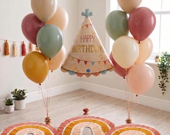 Boho verjaardagsballonboeket, aarderegenboogtapijt voor neutraal feestdecor